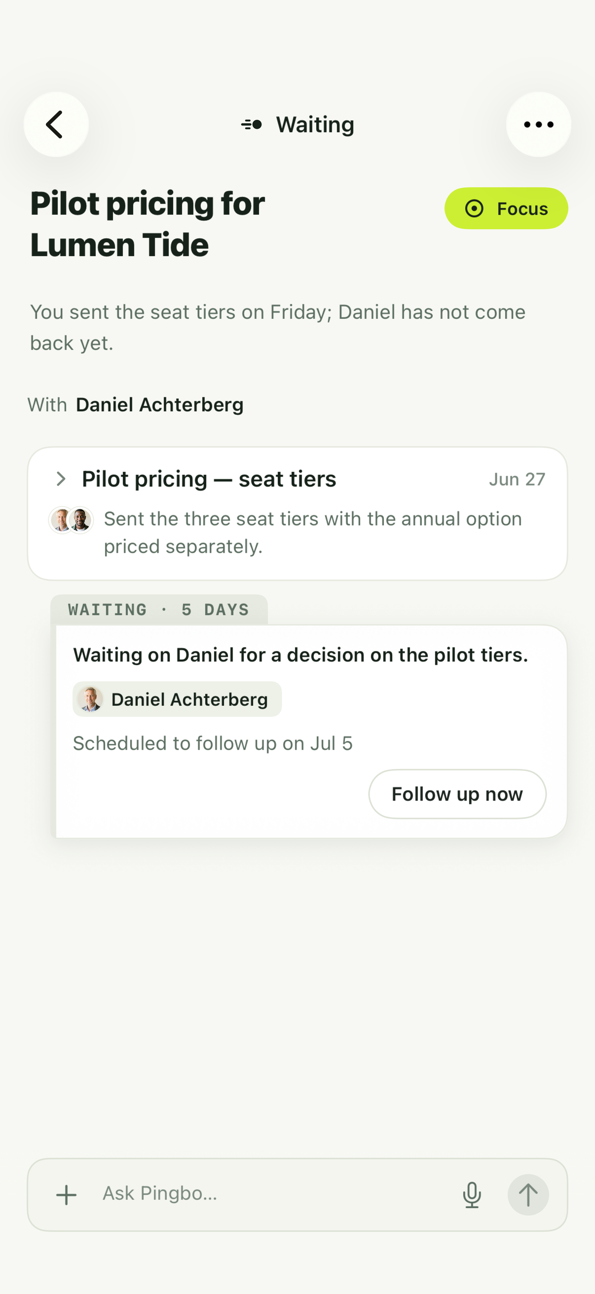 A Matter in Waiting whose follow-up is due, with a Follow up now button.
