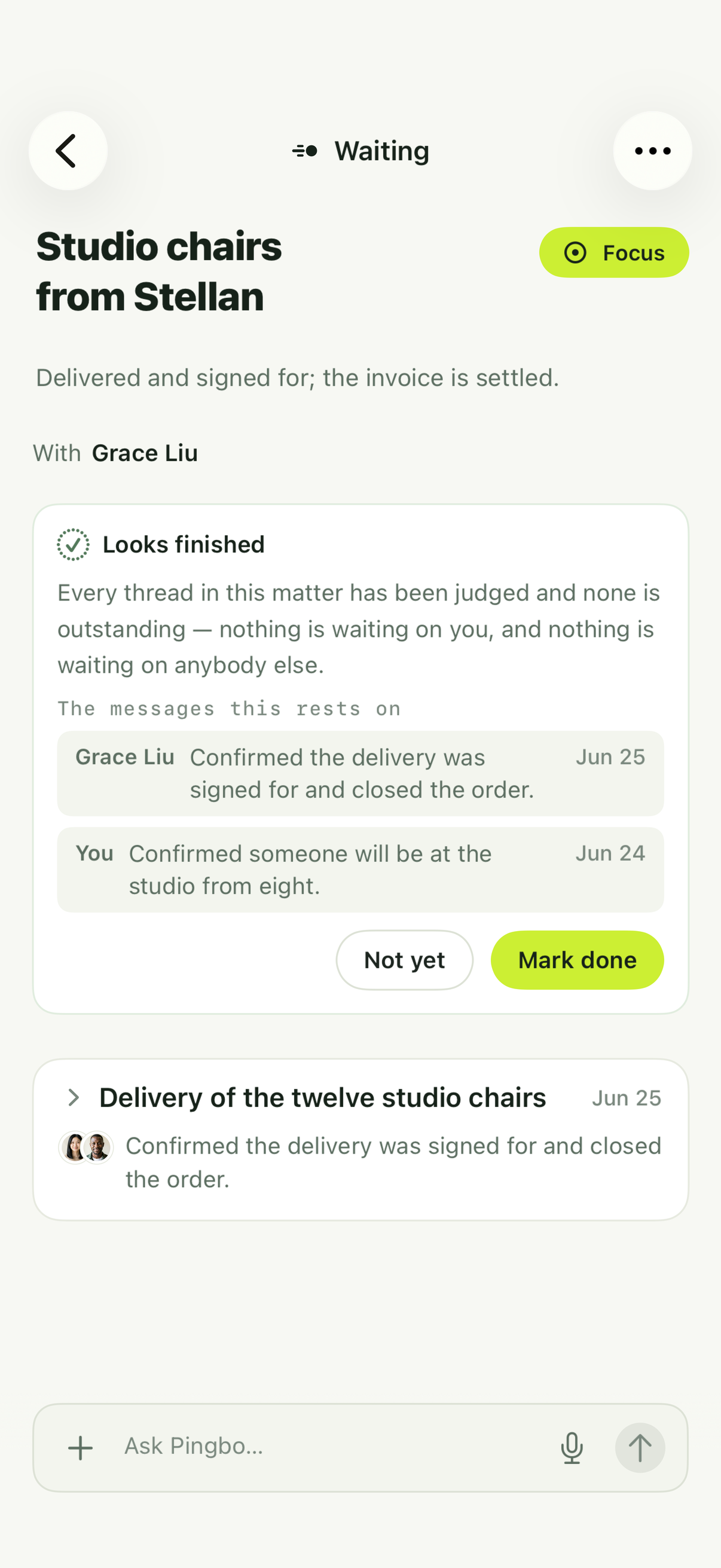 A Waiting Matter that Pingbo proposes as Done, with Not yet and Mark done buttons.