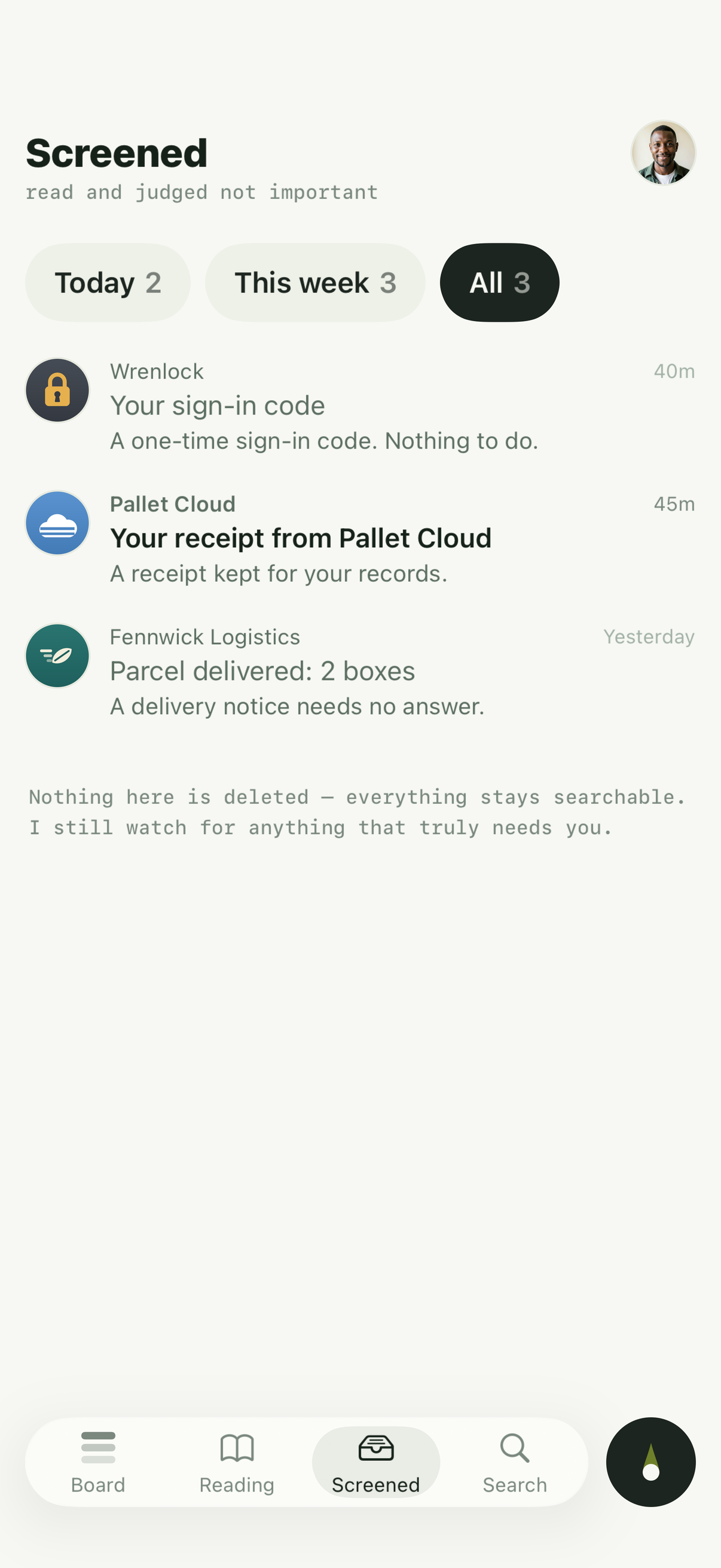 Screened, with a sign-in code, a receipt and a delivery notice judged not important.